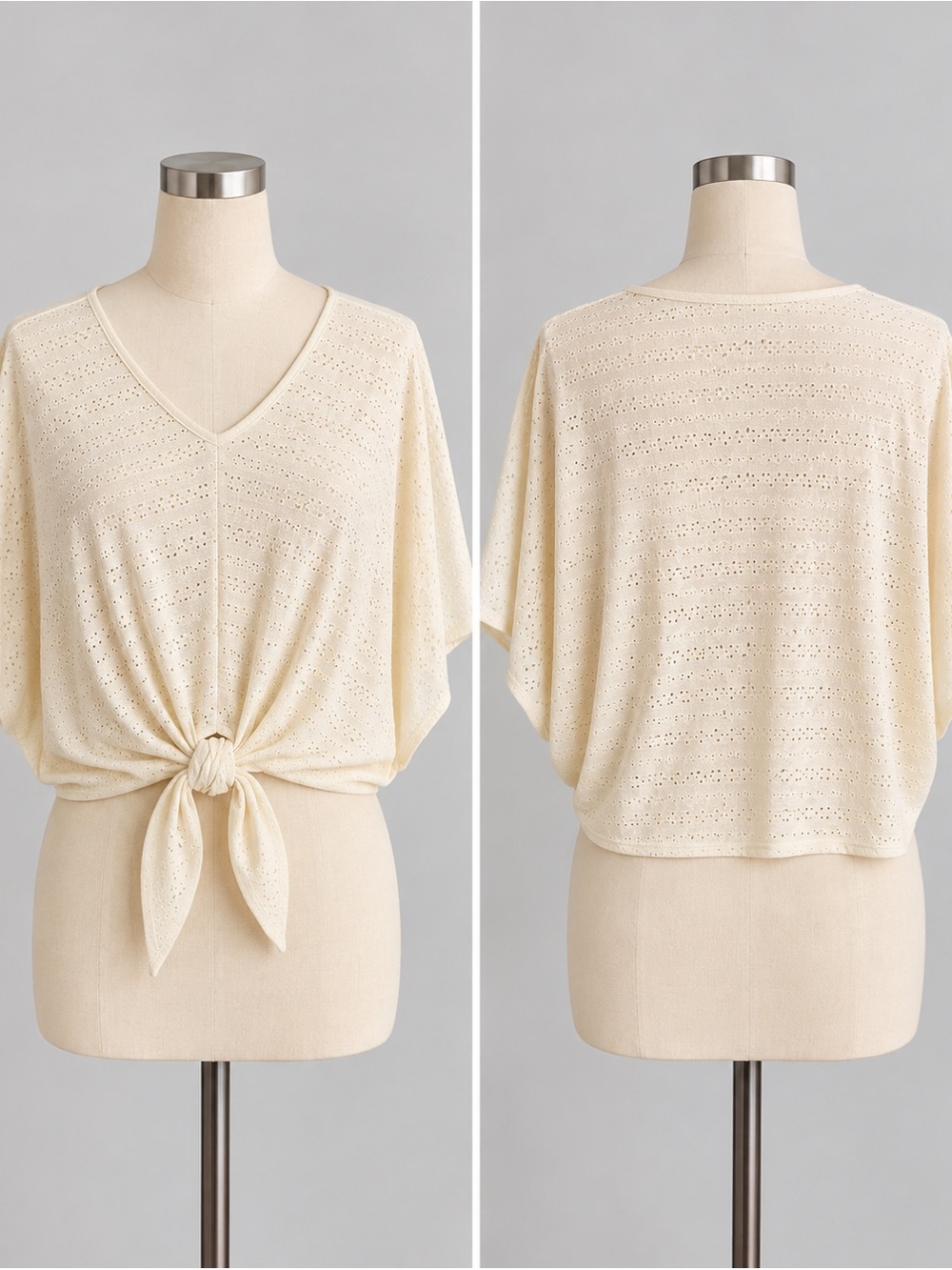 Democracy Cream Eyelet Tie-Front V-Neck Crop Top